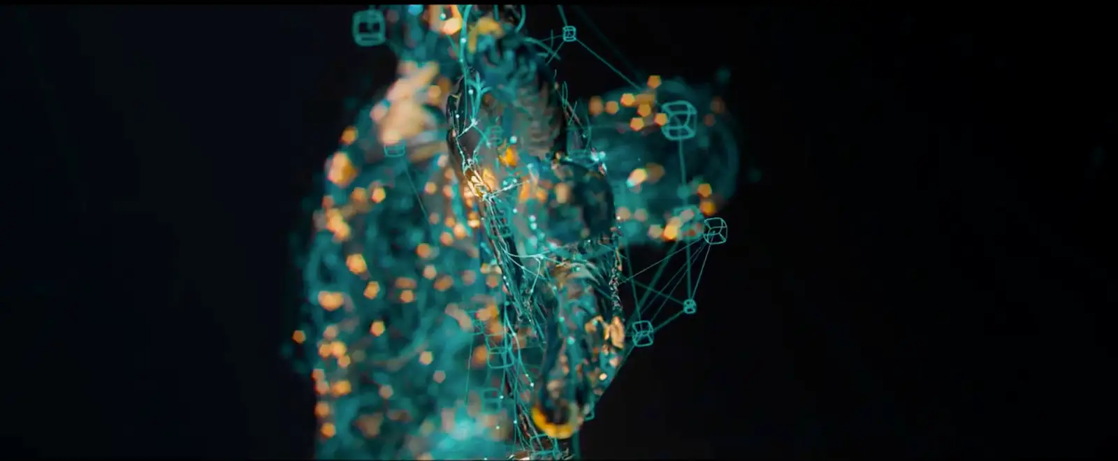 Abstract digital representation of a human figure formed by glowing network connections